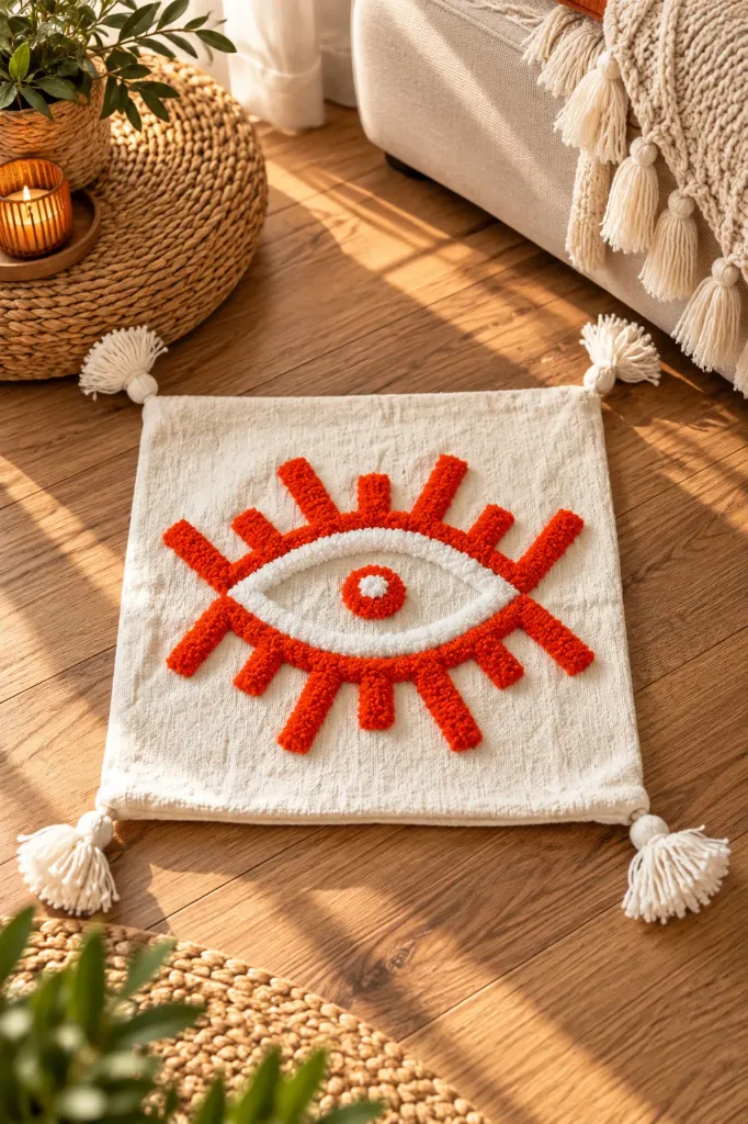 Housse de Coussin Écrue à Oeil Orange Tufté