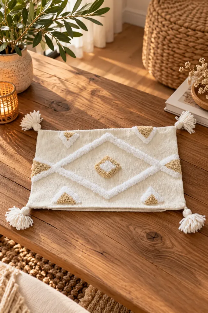 Housse de Coussin Berbère Tuftée Beige et Blanc – 47 × 26 cm