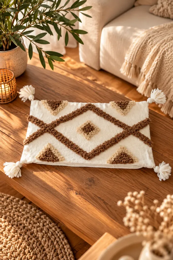 Housse de Coussin Berbère Tuftée Marron et Beige – 47 × 26 cm