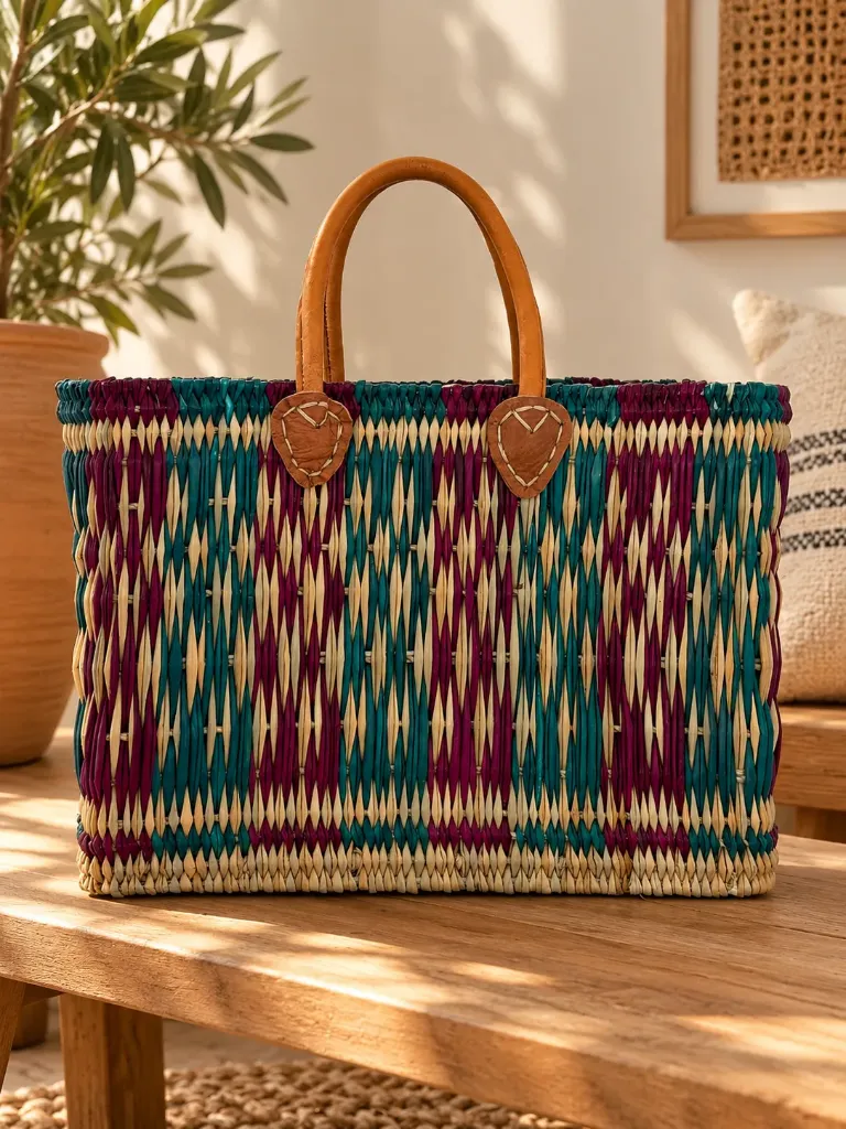 Panier Alma en feuilles de palmier tressées – Rose & Naturel