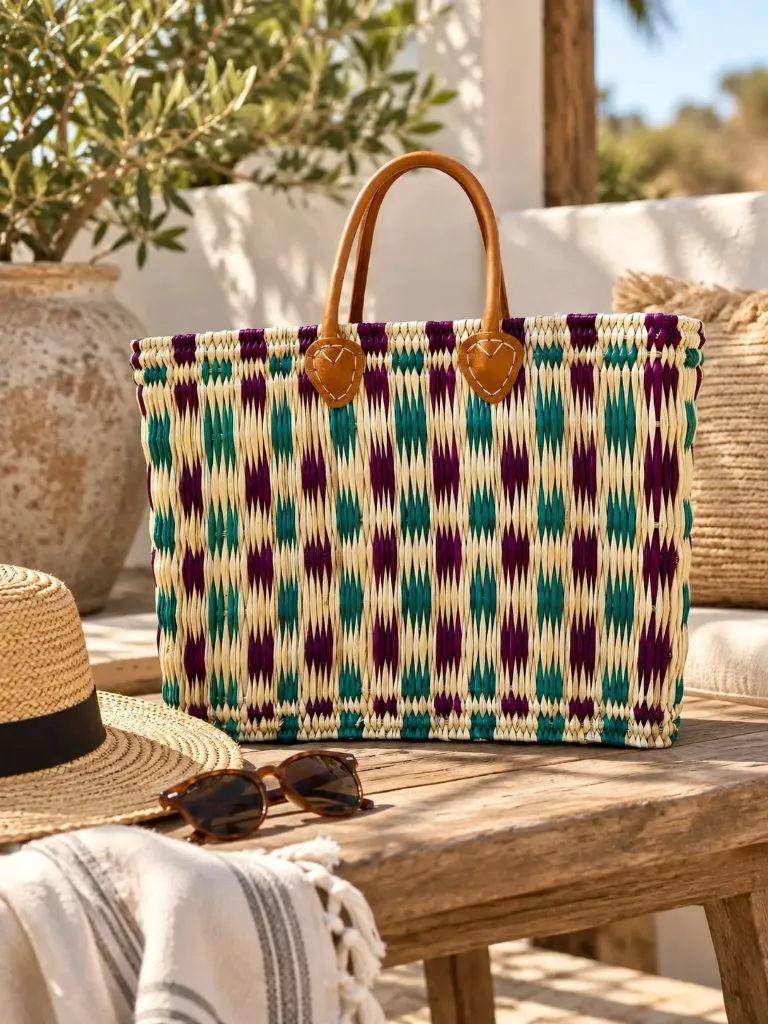 Panier Essaouira en feuilles de palmier tressées – Violet, Turquoise & Cuir