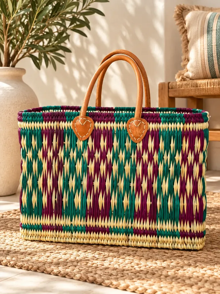 Panier Zélie en feuilles de palmier tressées – Turquoise, Violet & Anses en Cuir