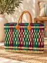Panier Zélie en feuilles de palmier tressées – Turquoise, Violet & Anses en Cuir