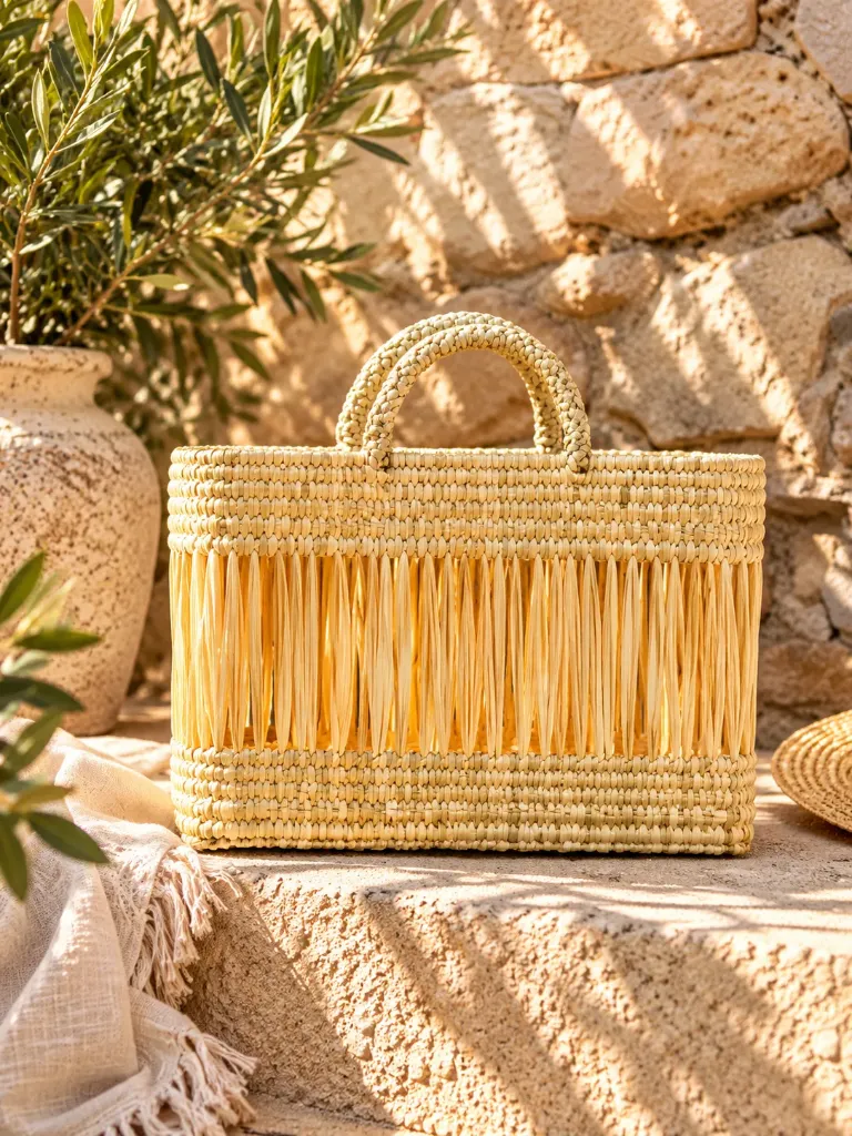 Paniers Ajourés en Raphia Couleur Naturel - PALMERAIE (Petit modèle - 36cm longueur / 13cm largeur / 23cm hauteur - moins de 1 KG)
