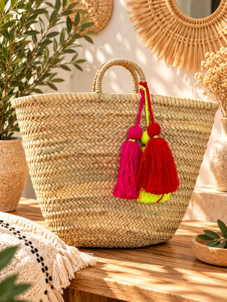 Paniers en Raphia avec 3 Pompoms