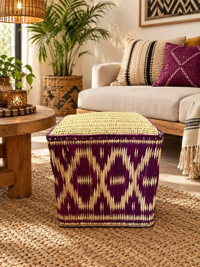 Pouf ZAHRA en RAPHIA Naturel et Prune