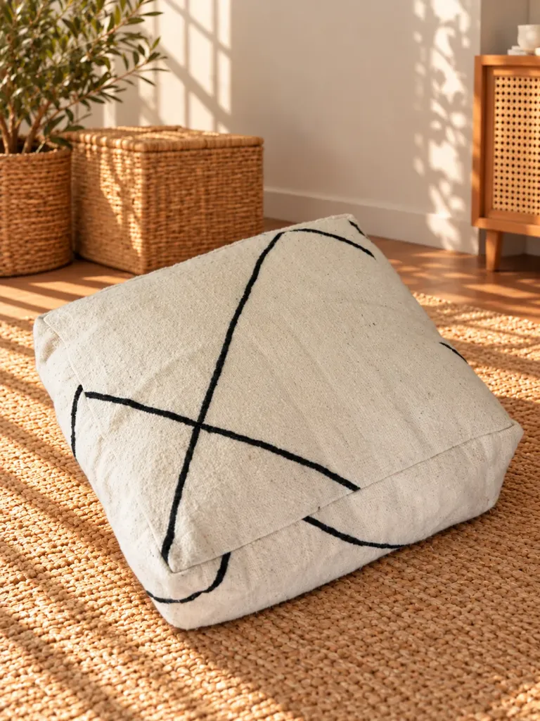 Pouf en Laine Écru à Lignes Noires