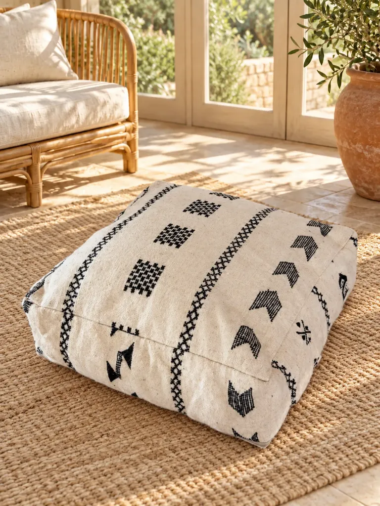 Pouf en Laine et Coton Écru à Motifs Noirs