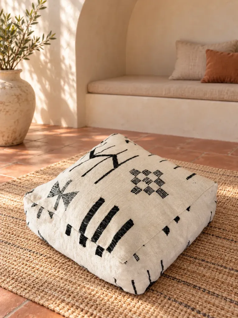 Pouf en Laine et Coton Écru à Motifs Graphiques Noirs