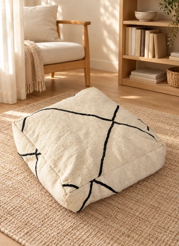 Pouf en Laine et Coton Écru à Lignes Noires