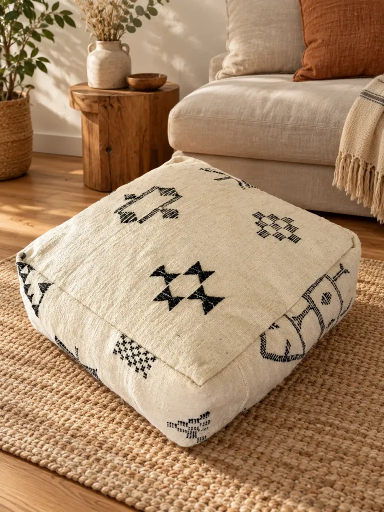 Pouf en Laine et Coton Écru à Motifs Noirs