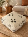 Pouf en Laine et Coton Écru à Motifs Noirs