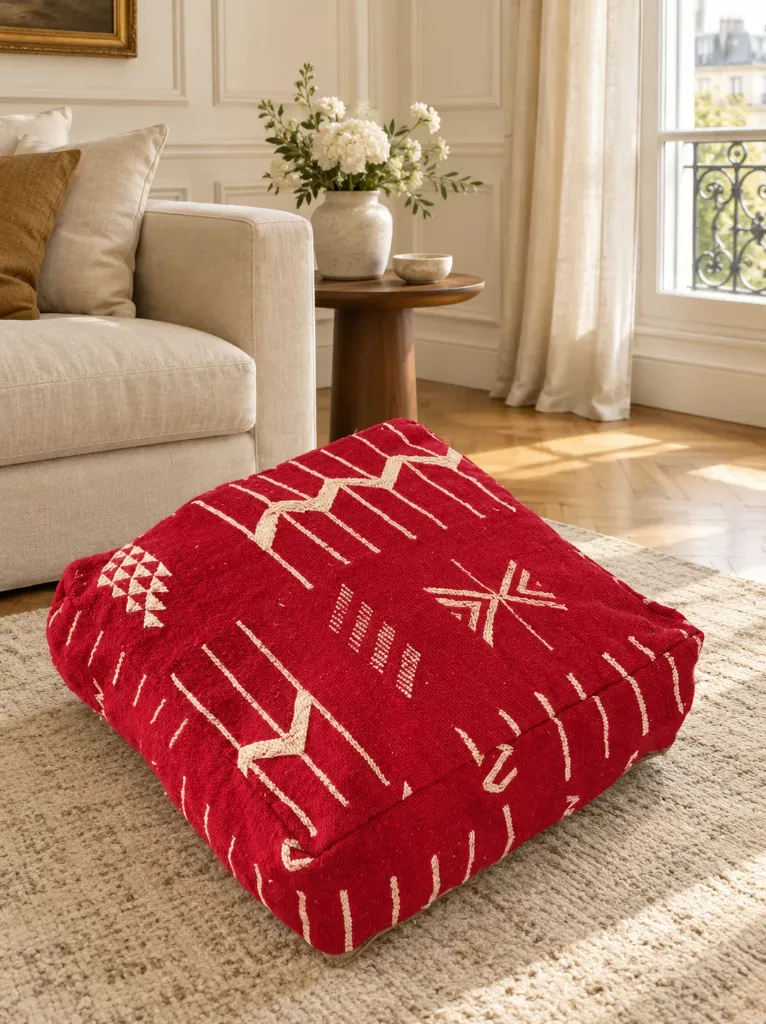 Pouf en Laine et Coton Rouge à Motifs Écrus