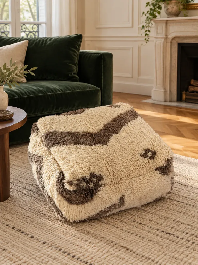 Pouf en Laine sur Laine Écru et Taupe