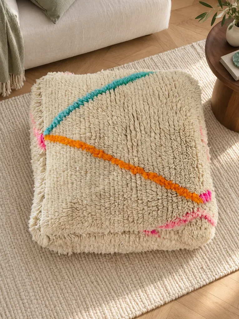 Pouf en Laine Écrue à Lignes Colorées
