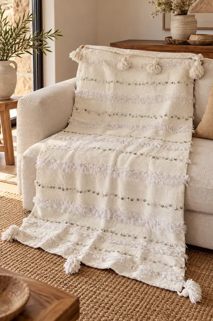 Plaid Berbère Écru à Franges, Pompons et Sequins