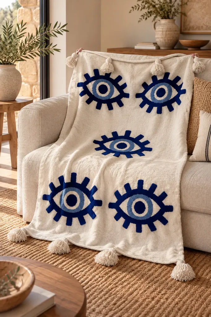 Plaid Écru à Motifs Oeil Bleu et Pompons