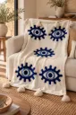 Plaid Écru à Motifs Oeil Bleu et Pompons