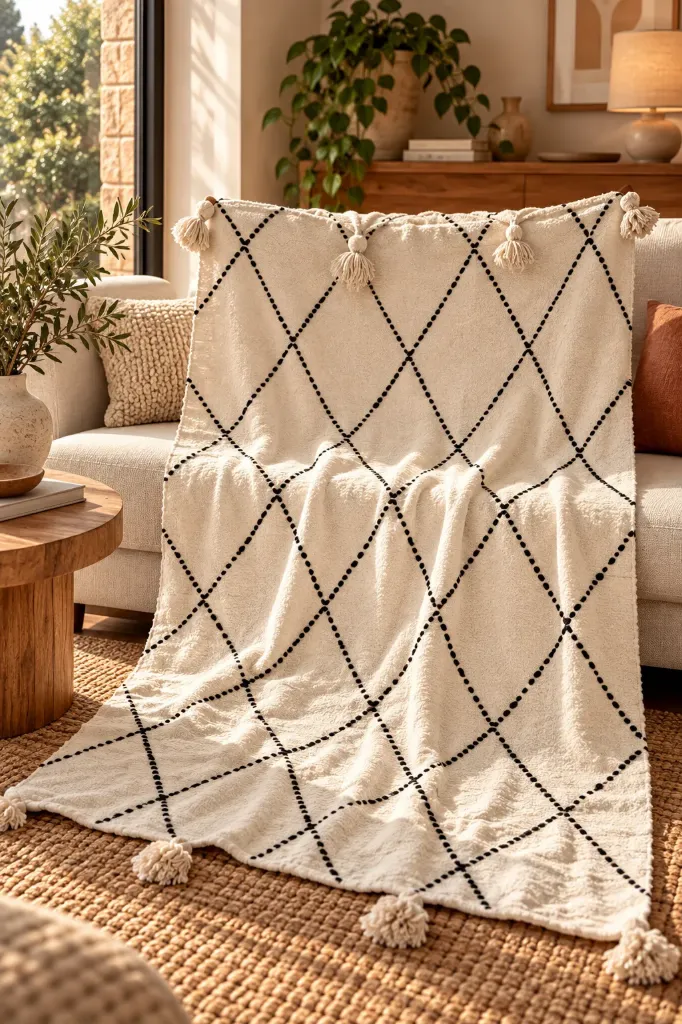 Plaid Écru à Losanges Noirs et Pompons