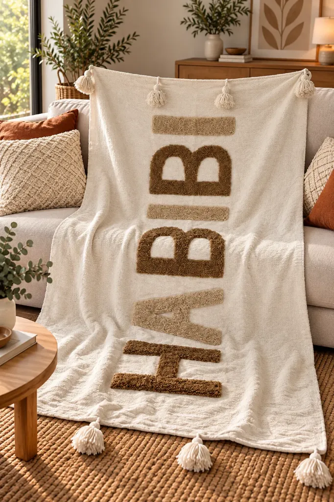 Plaid Écru HABIBI à lettres en relief