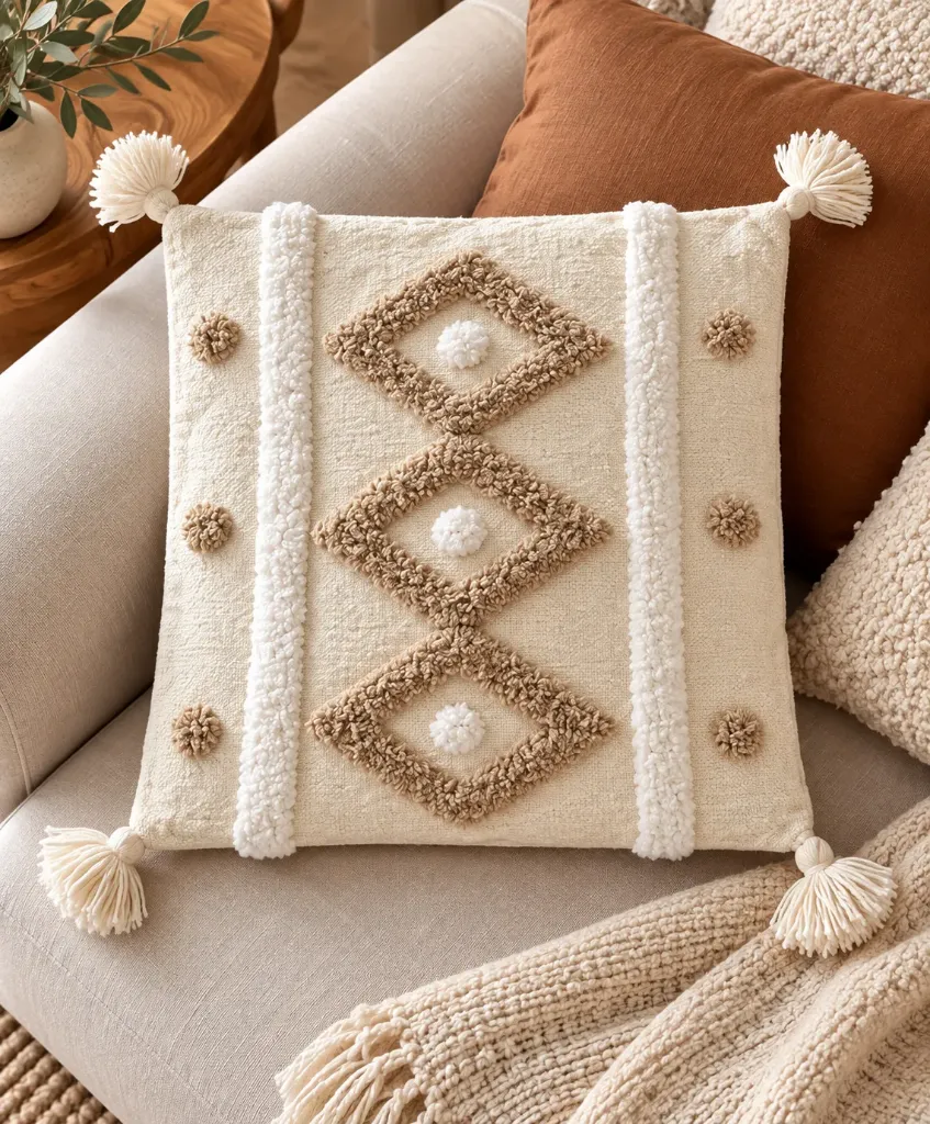 Housse de Coussin en Coton Écru à Motifs Berbères en Relief