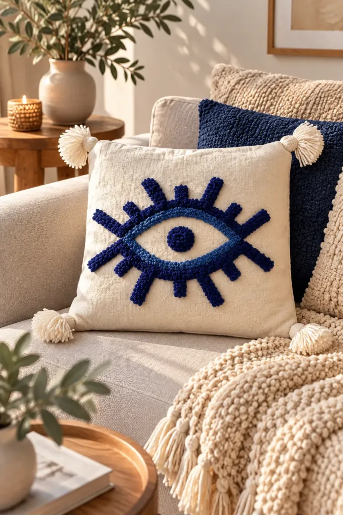 Housse de Coussin Œil Bleu en Coton Écru
