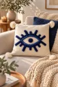 Housse de Coussin Œil Bleu en Coton Écru