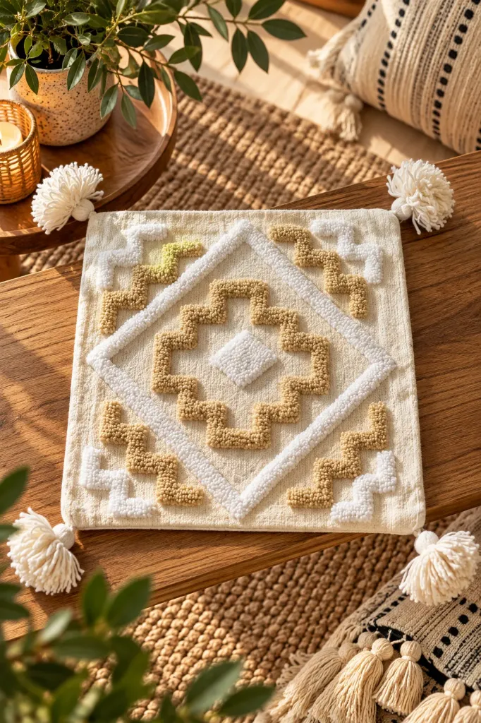 Housse de Coussin Berbère Écrue à Motifs Tuftés