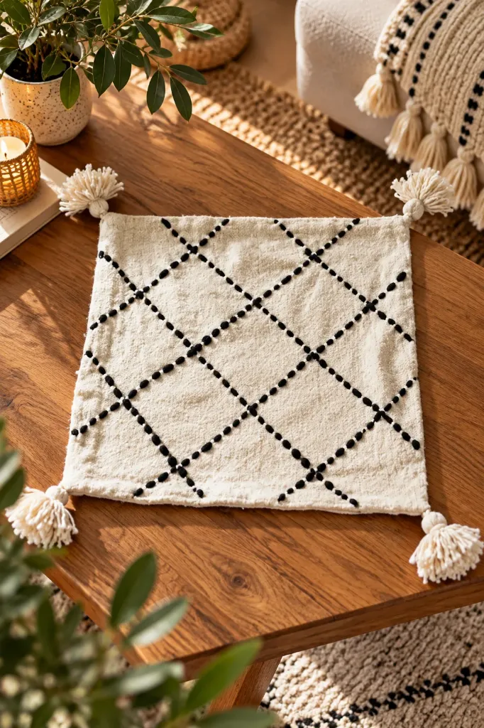 Housse de Coussin Berbère Écrue à Losanges Noirs