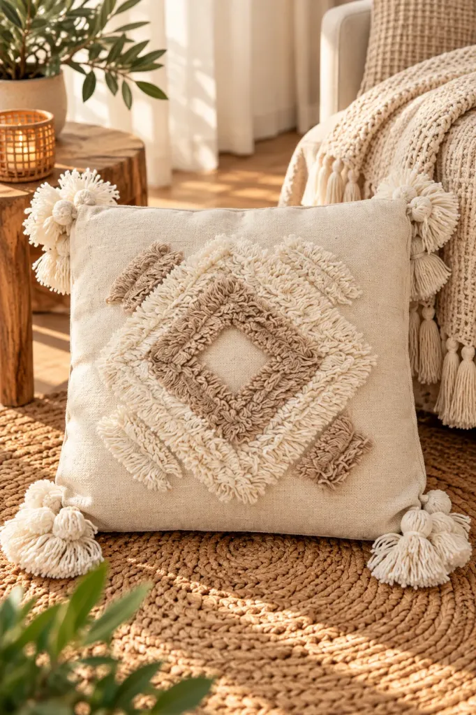 Housse de Coussin Écrue à Motif Losange Tufté Beige