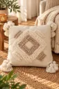 Housse de Coussin Écrue à Motif Losange Tufté Beige